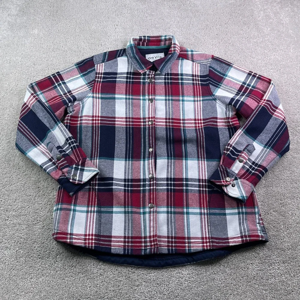 Orvis Shirt Jacket Women Large Red Blue Plaid Fleece Lined Snap Pinnacle Shacket